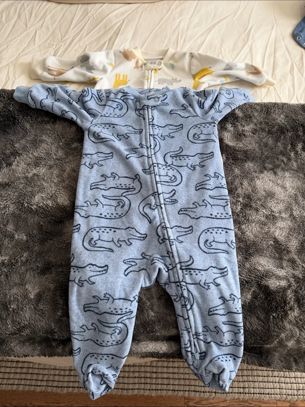 Set of 2 Blue Alligator Print + Zoo Animal Fleece One-Piece